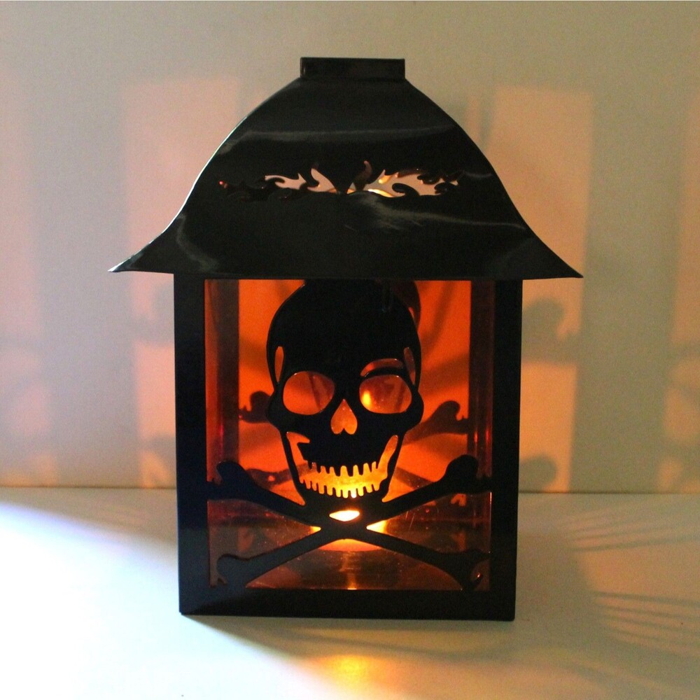 Large Lantern Skull and Bones black metal orange halloween goth decor 10"